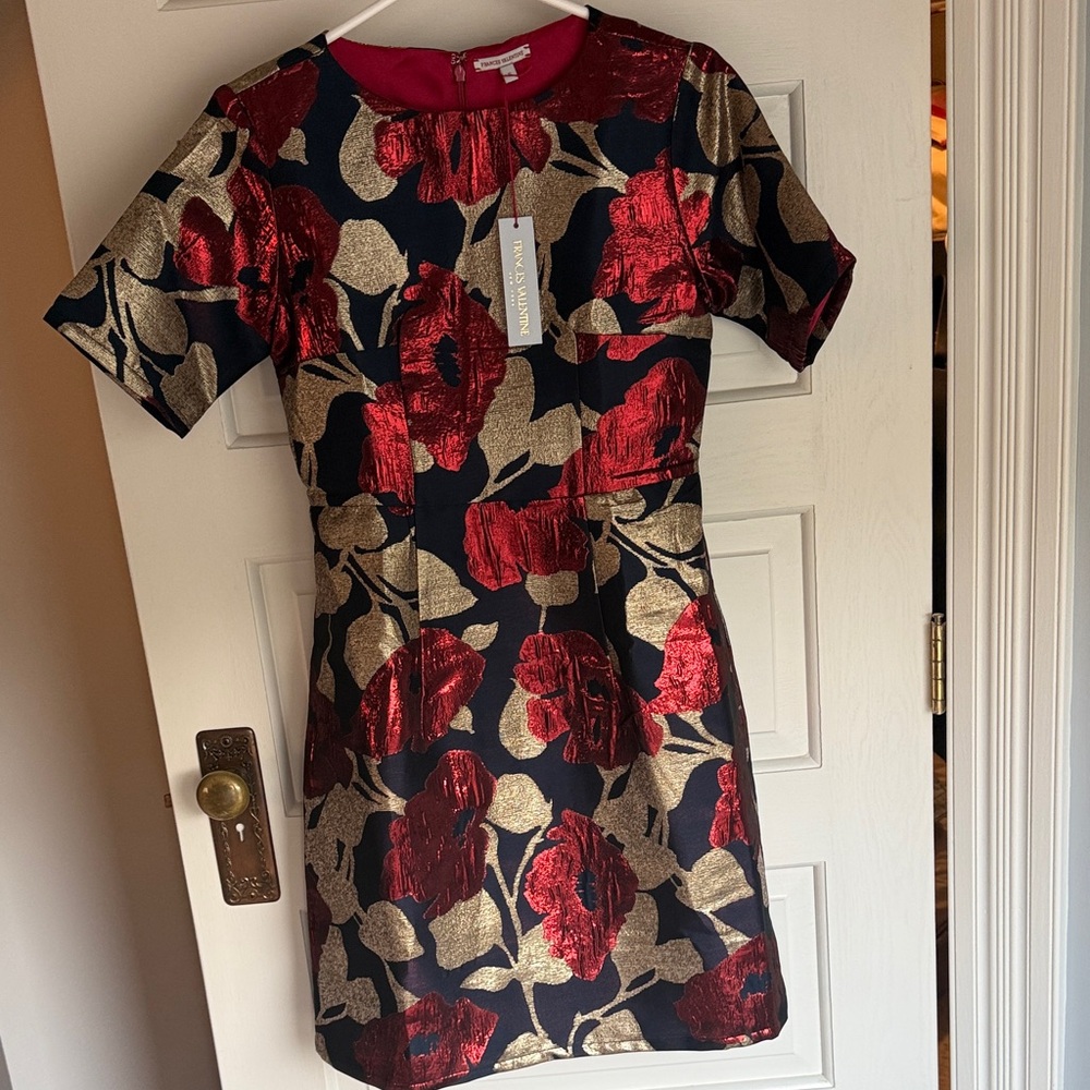 Metallic Red Floral Mini Dress with Gold Accents